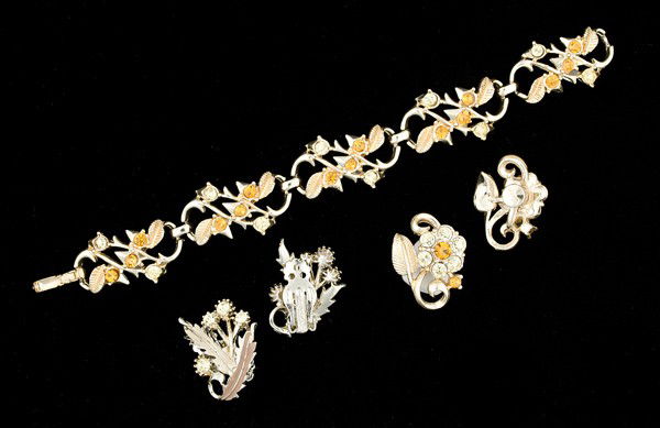 Coro & Park Lane Costume Jewelry Collection : A Coro bracelet with a pair of matching Coro ear clips and a pair of Park Lane ear clips; all signed pieces are stamped.