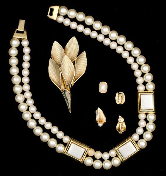 Richelieu, Napier & Unsigned Costume Jewelry Collec: An Unsigned brooch, a pair of Richelieu faux pearl ear clips, a pair of gold filled and cultured pearl ear clips and a Napier necklace with faux pearls; all signed pieces are stamped.