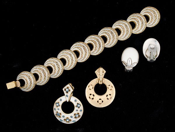 Trifari & Unsigned Costume Jewelry Collection : Two pair of Trifari ear clips and an unsigned bracelet; all signed pieces are stamped.