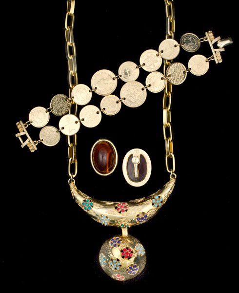Coro, Napier & Lucien Piccard Costume Jewelry Colle: A Coro double strand bracelet with multiple currencies, a pair of Napier earrings and a Lucien Piccard tribal collar necklace; all signed pieces are stamped.