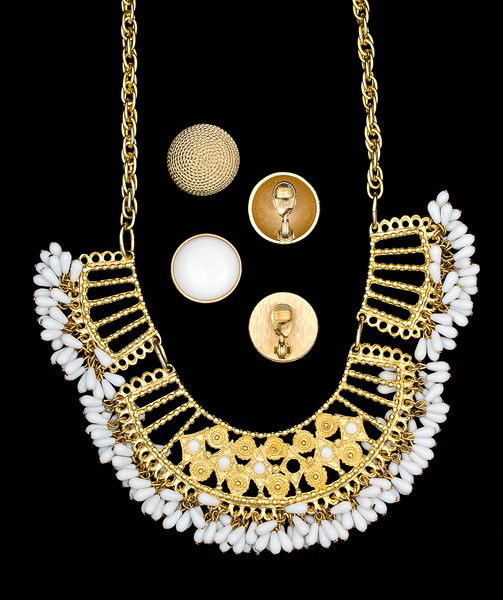 Monet & Unsigned Costume Jewelry Collection : A pair of Monet ear clips, a pair of Monet ear clips and an Unsigned tribal necklace; all signed pieces are stamped.