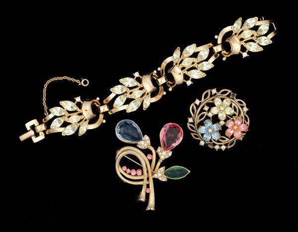 Trifari & B.S.K Costume Jewelry Collection : Two Trifari brooches and a B.S.K brooch; all signed pieces are stamped.