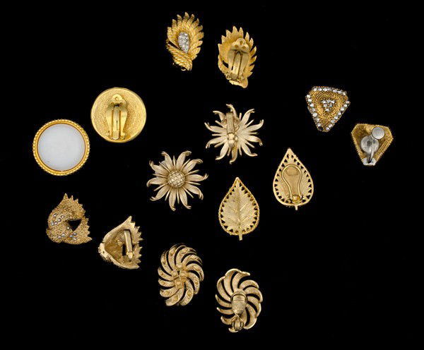 Monet, Jomaz, R. S. K., Ellen Designs, Florenza, Co: A pair of Monet ear clips, a pair of Jomaz Metal Feather ear clips, a pair of R.S.K ear clips, a pair of Ellen Design ear clips, a pair of Florenza ear clips, a pair of Coro Craft marcasite ear clips