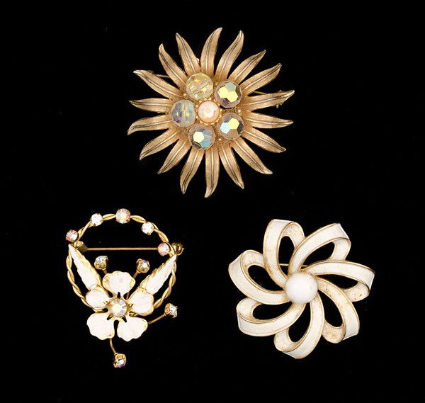 Trifari & Unsigned Costume Jewelry Collection : Two unsigned rhinestone brooches and a Trifari brooch; all signed pieces are stamped.
