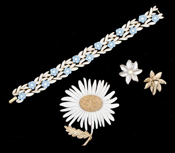 Marvella, Trifari & Kramer Costume Jewelry Collecti: A Trifari bracelet, a Marvella pin and a pair of Kramer ear clips; all signed pieces are stamped.