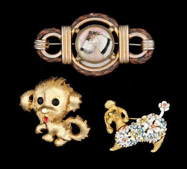 SAO, Monet & Unsigned Canine Brooch Collection : A SAO brooch, a Monet brooch and an unmarked brooch; all signed pieces are stamped.
