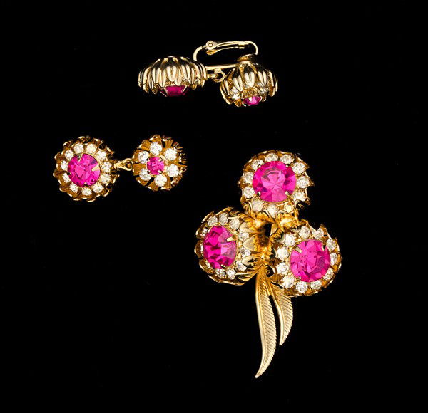 Kramer Costume Jewelry Collection : A Kramer rhinestone set including a floral brooch and a pair of ear clips; all signed pieces are stamped.