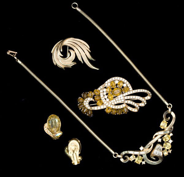 Wiesner, Trifari & Garne Costume Jewelry Collectio: A Joseph Wiesner brooch/pendant, a Trifari brooch, a pair of Garne ear clips and a Trifari necklace; all signed pieces are stamped.