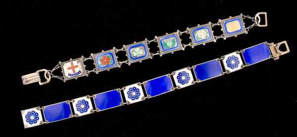 David Andersen & Unsigned Sterling Enamel Bracelet: A duo of sterling enamel bracelets, a David Andersen enamel bracelet of alternating links of Cobalt Blue and Blooming Flowers on a white background and enamel link of different scenes and colors; all