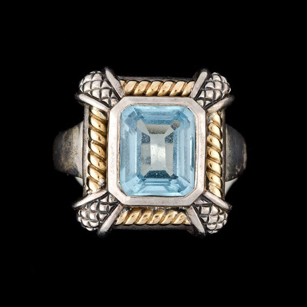 David Yurman Inspired - Sterling Ring. : A sterling silver, two-toned David Yurman styled ring, with a Light Blue center stone, bezel set; all pieces are stamped.