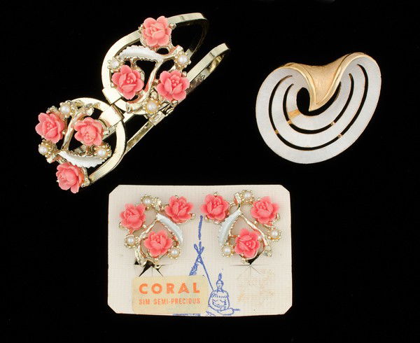 JJ & Unsigned Coral Jewelry. : A grouping of a bracelet, a brooch and a pair of ear clips. An unsigned coral rosette hinged bangle with light frosting and faux pearls, a JJ frosted brooch, a pair of unsigned coral rosette ear clips