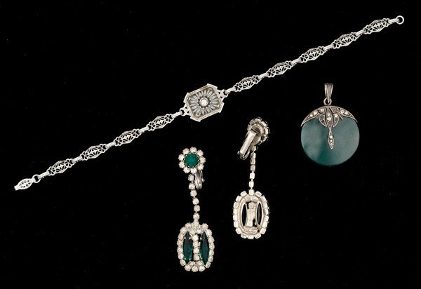 Kramer & Sterling Costume Jewelry Collection : A delicate filigree bracelet, a pair of Kramer ear clips, a pendant with faux jade and a marcasite setting, stamped sterling; all signed pieces are stamped.