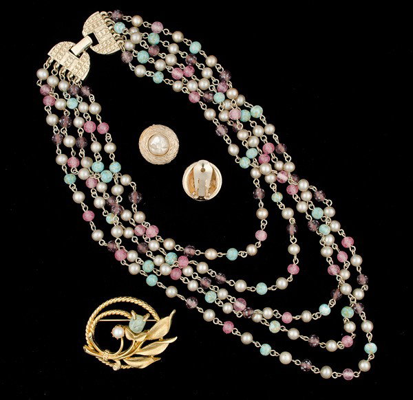 Sarah Coventry, Bergere & Goldette Costume Jewelry: A Sarah Coventry brooch with a faux pearl and agate accents, a pair of Bergere faux pearl ear clips and a Goldette five strand necklace with multiple agate, faux pearls and faux gemstones beads; all s
