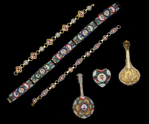 Enamel & Micro-Mosaic Jewelry Collection : An oval petite micro-mosaic bracelet, a diamond petite micro-mosaic bracelet, a link micro-mosaic bracelet with five alternating links, a banjo styled brooch that is set with micro-mosaics, excellent 