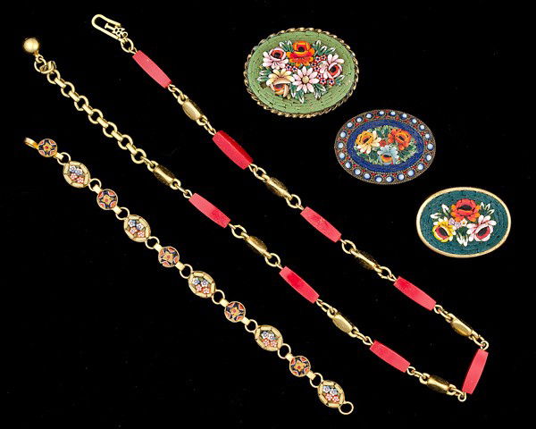Trifari & Micromosaic Costume Jewelry Collection : A bracelet of ten micromosaic links in a motif of flower clusters and in a yellow and blue color, an oval micromosaic brooch with a detailed floral scene on a blue background in a brass pin setting, a