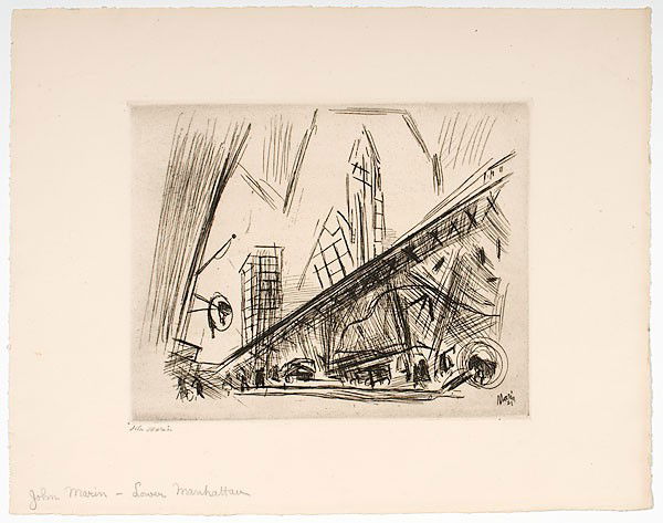 John Marin (American, 1870-1953), Lower Manhattan : John Marin (American, 1870-1953), Lower Manhattan Etching, titled Lower Manhattan l.l., signed l.l., with printed name and 21 in print l.r.; 6.75 x 8.75 in. A finely inked impression.