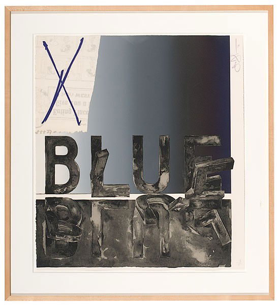Jasper Johns (American, b. 1930), Bent Blue : Jasper Johns (American, b. 1930), Bent Blue Lithograph, titled Fragment - According to What - Bent "Blue" on verso, signed and dated 71 l.r., marked 10/66 l.l.; 25.25 x 28.75 in. Provenance: Galer