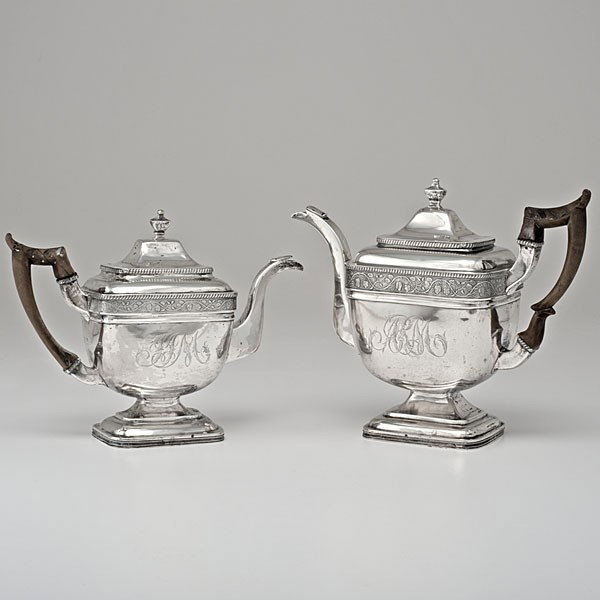 Marshall Family Philadelphia Coin Silver : Marshall Family Philadelphia Coin Silver Philadelphia, PA, 19th century, two coin silver pieces from a larger service, includes a coffee pot and tea pot, both marked P. Garrett for Philip Garrett of