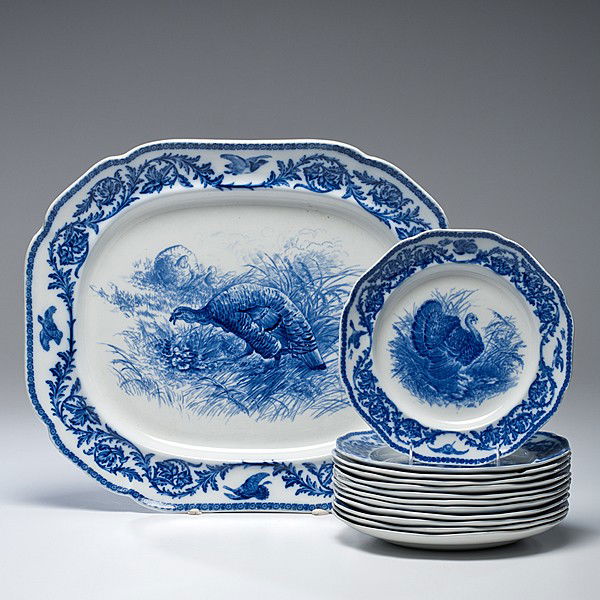 Cauldon Flow Blue Turkey Platter and Plates : Cauldon Flow Blue Turkey Platter and Plates English, 19th century, a large turkey-sized flow blue platter and twelve matching plates, each with central scene of tom and hen wild turkeys and border o