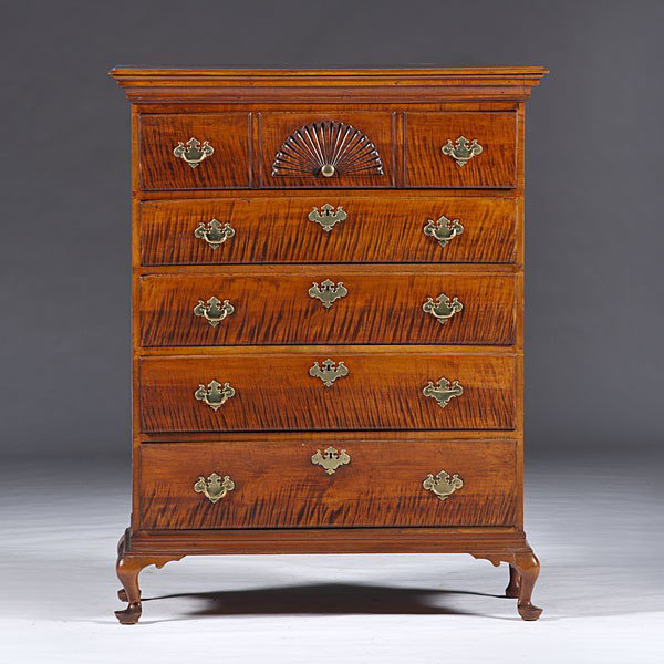 Curly Maple Chest of Drawers : Curly Maple Chest of Drawers American, Connecticut, ca 1760-1790, an upper case of a high chest in vibrant curly (or tiger) maple with stepped cornice, top drawer with central fan carving over four 