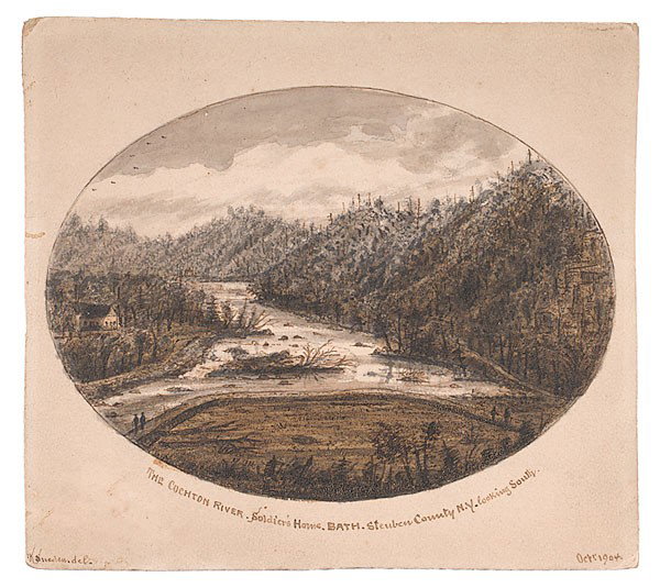 Robert Knox Sneden (American, 1837 -1911), Civil W: Robert Knox Sneden (American, 1837 -1911), Civil War Vignette, Watercolor on stiff bristol-type board, titled in manuscript The Cochton River. Soldier's Home. Bath. Steuben County N.Y. Looking South