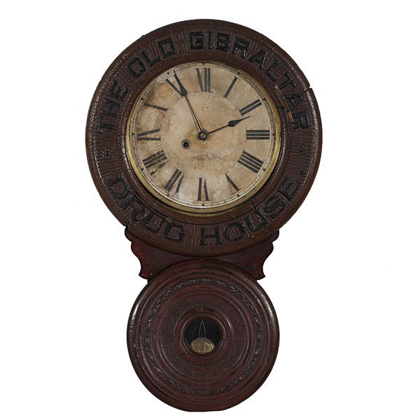 Old Gibraltar Mexico, Indiana, Clock : Old Gibraltar Mexico, Indiana, Clock American, a Baird advertising clock from an old drugstore in Mexico, Indiana, the eight day wall timepiece with papier maché front reading The Old Gibralter Dru