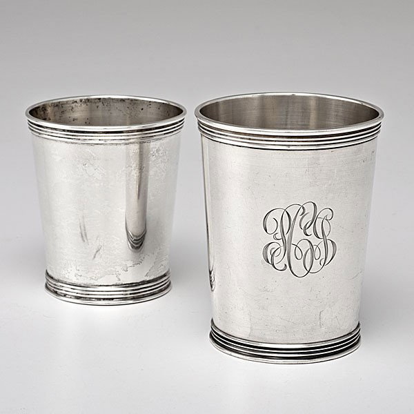 Kentucky Sterling Julep Cups : Kentucky Sterling Julep Cups Lexington, KY, ca 1940s, two sterling silver Trees julep cups, each marked Sterling / Trees; tallest ht. 3.75 in., silver wt. 7.28ozt (226.5g). Provenance: Property of