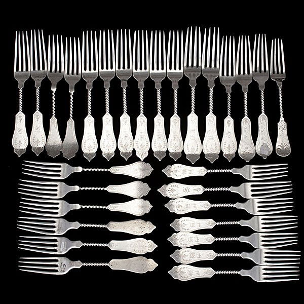 Duhme & Co. Twist Sterling Forks, Plus : Duhme & Co. Twist Sterling Forks, Plus American, twenty pieces of coin and sterling silver Twist forks, ten marked Duhme & Co., ten marked Duhme & Co., 925/1000, Sterling PLUS one marked C. Oskamp,