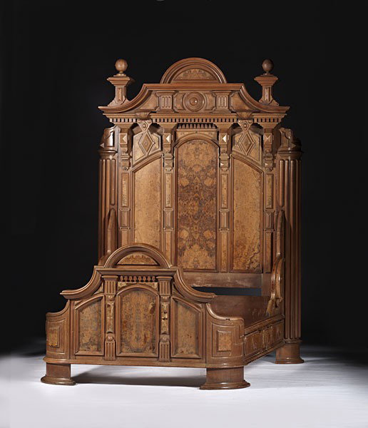 Renaissance Revival Bed and Dresser : Renaissance Revival Bed and Dresser American, ca 1860s, a Renaissance Revival bed and dresser in walnut and walnut veneers, both architecturally moulded with elaborately shaped crests and large turn