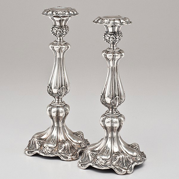 Art Nouveau Candlesticks : Art Nouveau Candlesticks Possibly German-Prussian silver, 19th century, a pair of art nouveau candlesticks, .812; ht. 12 in. Provenance: Property of Caswell and Sara Lane
