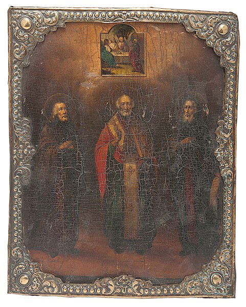 Early Russian Icon with Saints : Early Russian Icon with Saints Russian, 18th/19th century, oil on board icon depicting three standing saints under a small vignette of the Last Supper, having a metal overlay frame; 14.75 x 11.75 in