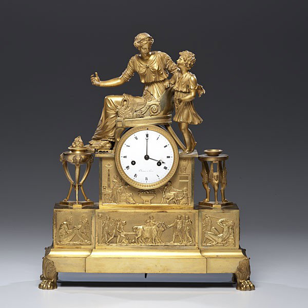 French Bronze Ormolu Figural Clock : French Bronze Ormolu Figural Clock French, ca 1830, an unsigned bronze figural clock, marked on dial Thomas/Paris, with classical Grecian motif, the movement with silk thread suspension and outdie c