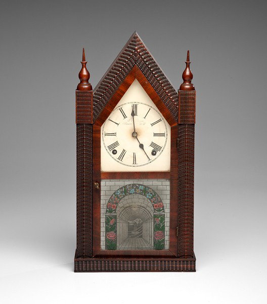 Gothic "Ripple Front" Shelf Clock : Gothic "Ripple Front" Shelf Clock Bristol, Connecticut, ca 1850, a mahogany "ripple front" steeple clock by Forestville Mfg.Co. (J.C. Brown) of Bristol, CT., with eight-day time and strike movement 