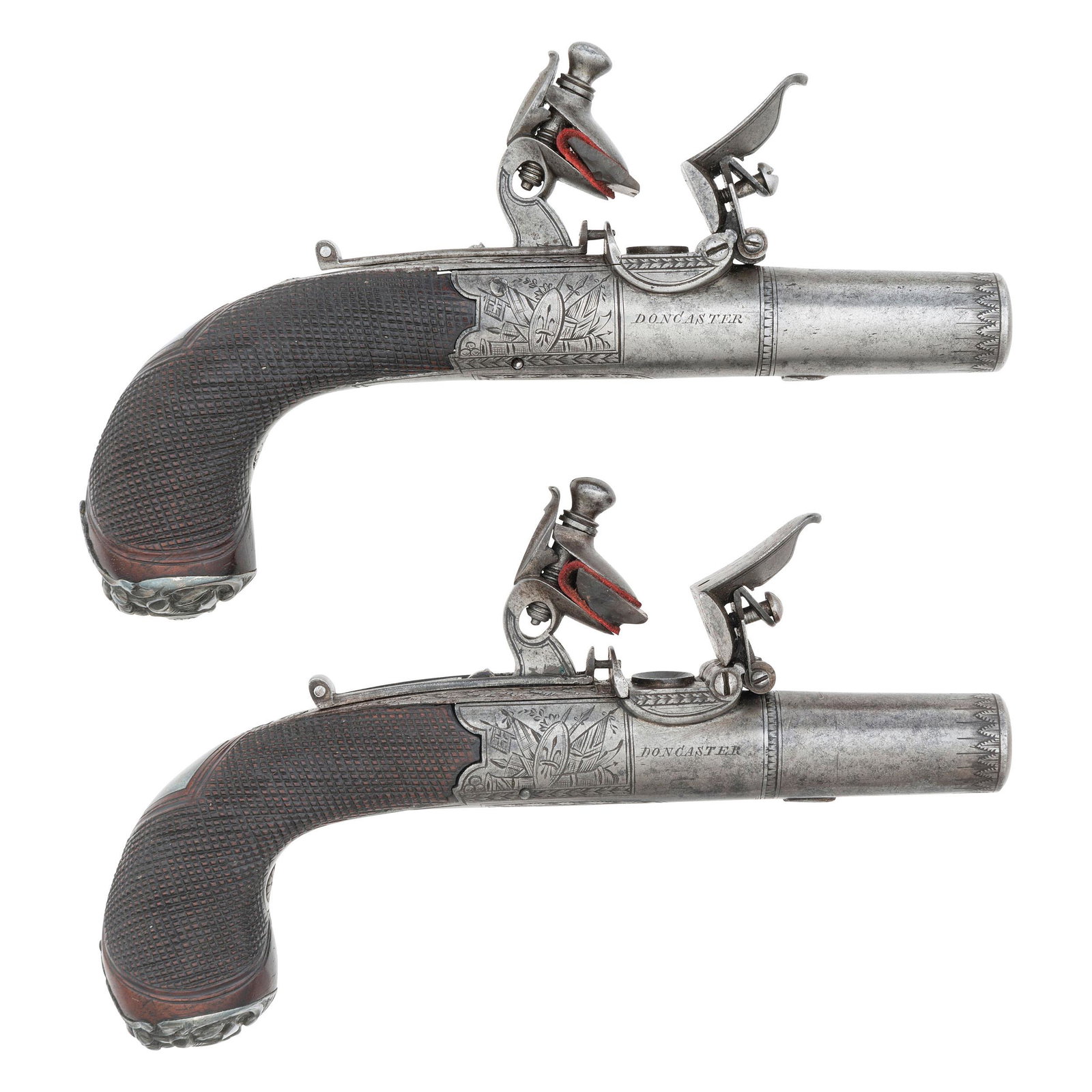 Pair of Twist Off Flintlock Pocket Pistols by Cartmell of Dorchester: 42-Bore (.48 caliber). 1.6875" round twist-off barrels. SN: NSN. Bright finish, with German silver grip caps and checkered walnut grips. Single shot flint box lock twist off pocket pistols with foldin