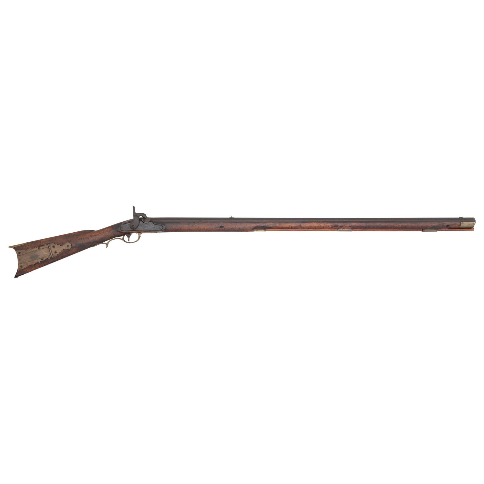 Full Stock Percussion Rifle by Henry Deringer Pictured in "Great Gun Makers for the Early West" by: .46 caliber. 40" wedge retained octagonal barrel. SN: NSN. Browned finish, brass furniture, full-length hardwood stock with raised cheek rest. Single shot percussion muzzleloading rifle. Percussion lo