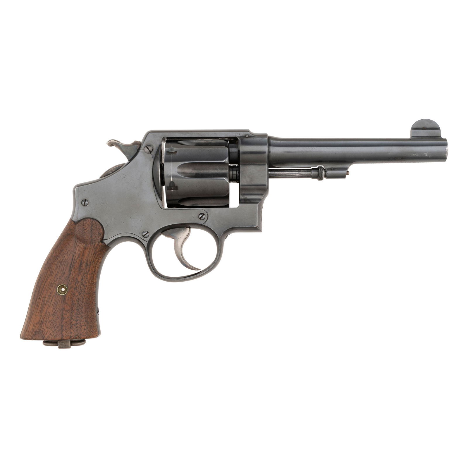 ** Smith & Wesson Model 1917 Revolver: .45 ACP. 5.5" round barrel. SN: 21225. Blued finish, color casehardened hammer and trigger, smooth walnut two-piece grips. Double action metallic cartridge revolver with six-shot fluted swing out cyli