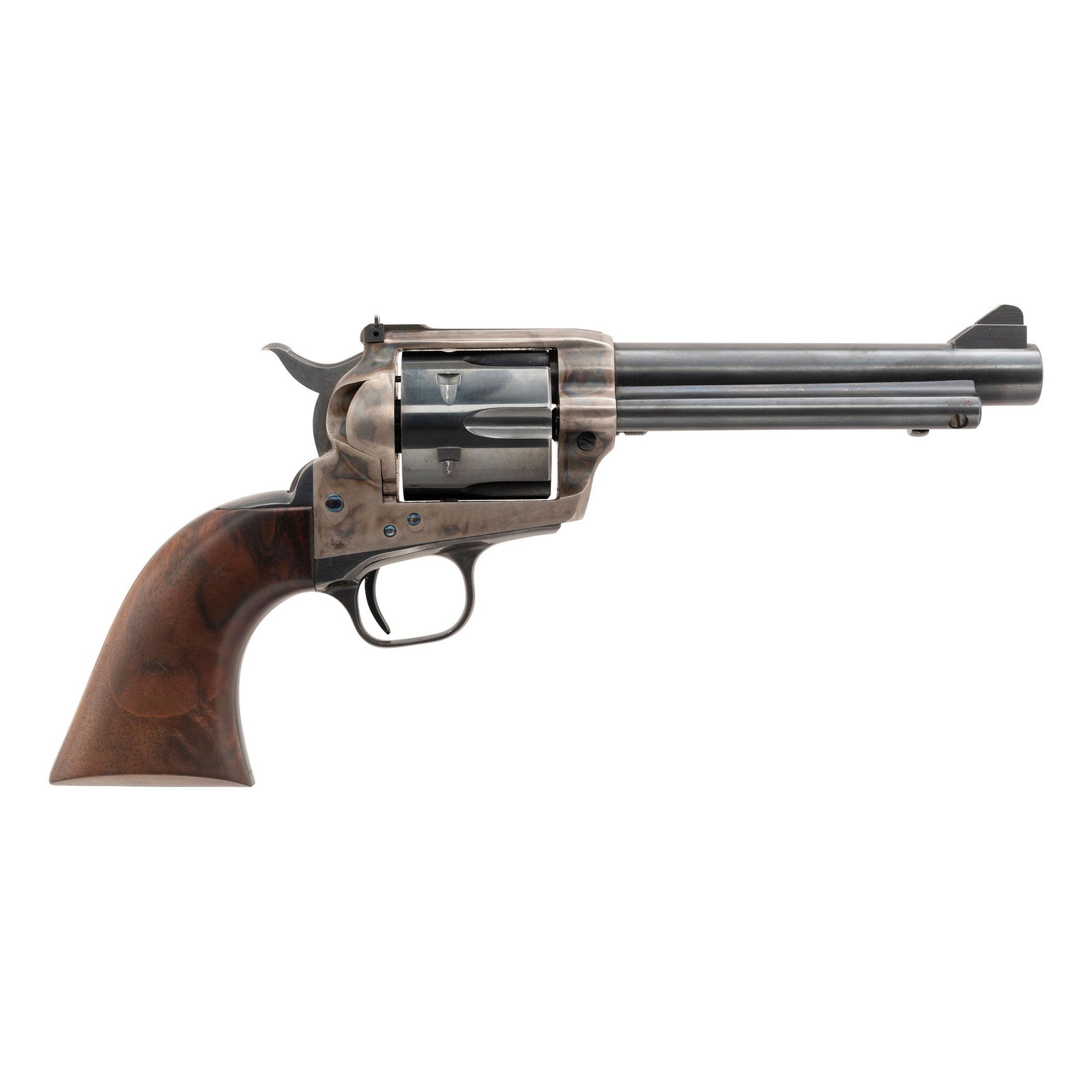 ** 2nd Generation Colt Single Action Army in .357 Magnum: .357 Magnum. 5.5" barrel length. SN: 66872SA (Mfg. ca.1973). Blued metal finish to barrel and gripstraps, case hardened frame, and fire blued frame screws. Grips are plain French walnut. Single acti