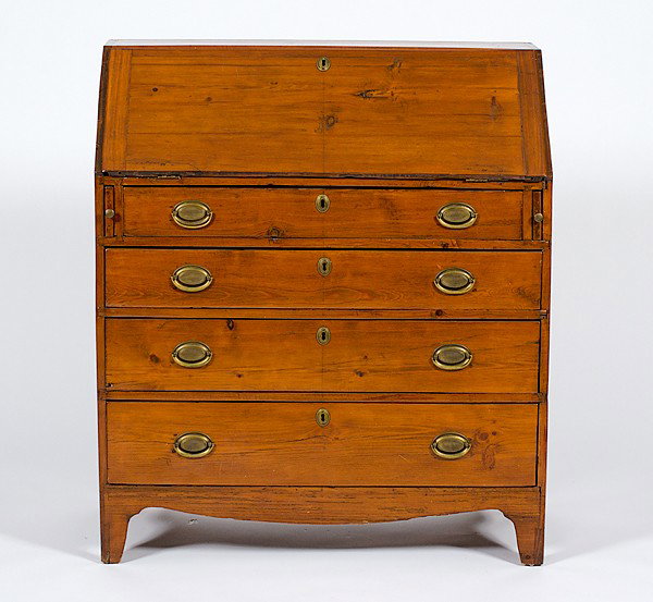 Hepplewhite Slant Front Desk : Hepplewhite Slant Front Desk American, ca 1800-1820. A Hepplewhite slant-front desk in pine with pine secondary; ht. 41, wd. 36, dp. 18 in.