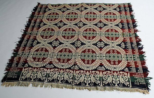 Stark County, Ohio Jacquard Coverlets : Stark County, Ohio Jacquard Coverlets Three Ohio jacquard coverlets of wool and cotton. First signed Eli M. Blusser, Canton, Stark County, Ohio 1843; 73.5 x 74 in. Second signed J.M. Walk, Mapleton,