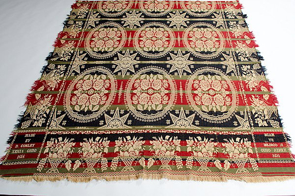 D. Cosley Xenia, Ohio, Jacquard Coverlet : D. Cosley Xenia, Ohio, Jacquard Coverlet Ohio, 1858, a red and green coverlet woven on a jacquard loom and with signature, Made by D. Cosley, Xenia, Ohio, 1858; lg. 90, wd. 82 in. Dennis Cosley was 