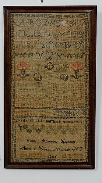 New Jersey Sampler : New Jersey Sampler New Jersey. A sampler with alphabet strings in upper and lower case, floral motifs, and a key-fret border, signed and dated Julia Minerva Hollister / Aged 9 Years / Newark NJ / 18