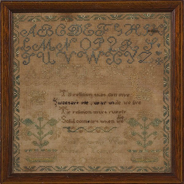 1823 American Sampler : 1823 American Sampler American, dated 1823, with alphabet strings and the verses 'Tis religion that can give / Sweetest pleasures while we live / 'Tis religion must supply / Solid comfort when we di