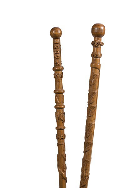 Masonic "W. Lewis" Folk Art Canes : Masonic "W. Lewis" Folk Art Canes Lot of two folk art canes carved by W. Lewis. The first contains several Masonic symbols. On the lower third is a carved alligator with a carved spiraling serpent l