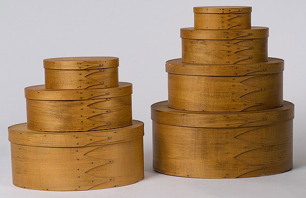 Berea KY Made Shaker Boxes : Berea KY Made Shaker Boxes American, 20th century. A stack of seven Shaker-style boxes with three-finger jointed construction; each stamped Simple Gifts / Berea, KY and signed by Charles Harvey; lar