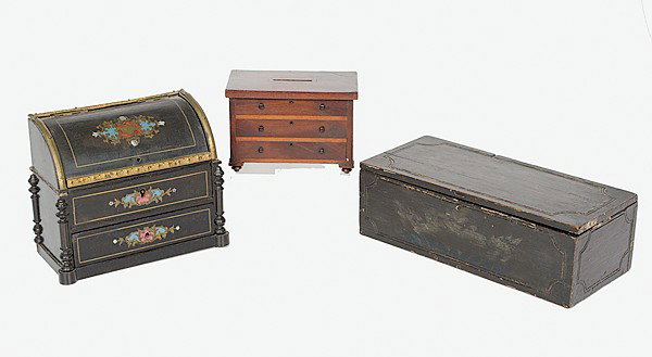 Folk Art Chest Bank, Plus : Folk Art Chest Bank, Plus American, a diminutive wood chest bank; ht. 3.25, lg. 5.5, dp. 3 in; Plus a painted and enameled wood and metal framed dome jewelry chest, unmarked; ht. 6.75 in. Plus a sma