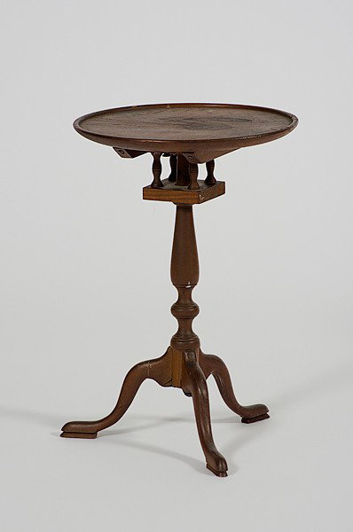 Miniature Candlestand : Miniature Candlestand 20th century. A miniature candle-stand having a dished top with birdcage mechanism, rising on a turned pedestal with arched legs ending in snake feet on pads; ht. 18.5, dia. 12