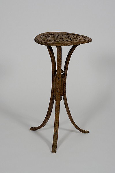 Folky Carved Stand, Possibly Cincinnati : Folky Carved Stand, Possibly Cincinnati American, possibly Cincinnati. A folk art carved stand in oak, possibly a student's work, the circular top with carved initial H; rising on carved legs ending