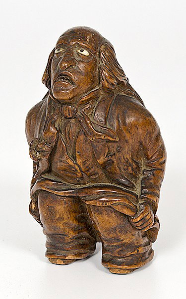 Ben Franklin British Satirical Master Snuff Box : Ben Franklin British Satirical Master Snuff Box British. A folk art carved snuff box of a character believed to be Ben Franklin in a satirical position; lg. 6 in.