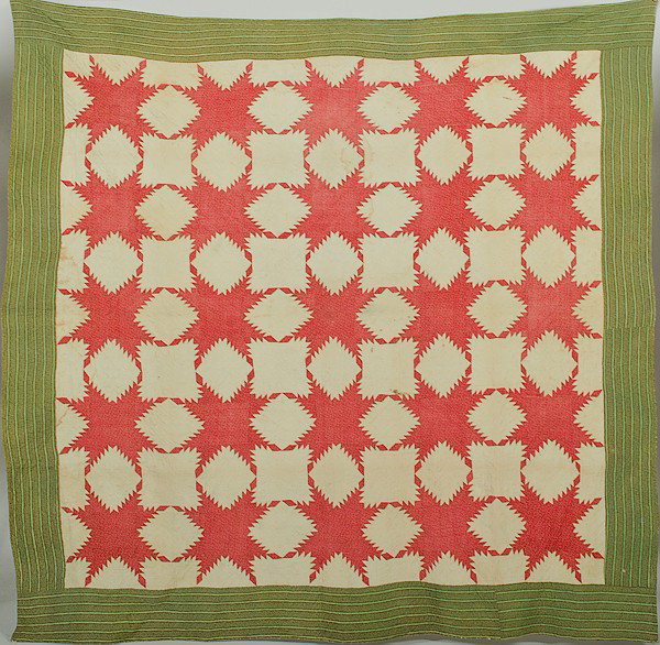 Pieced Quilts : Pieced Quilts American, 19th century. Three quilts including one pieced quilt with inked and embroidered signatures and dated 1848; one pieced quilt with a stylized compass motif in red and green; a