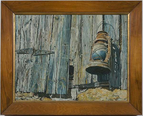 Robert Sarsony The Lantern, Modernist Work : Robert Sarsony The Lantern, Modernist Work Robert Sarsony (New Jersy, b. 1938). An exterior still life, signed l.r., oil on canvas and reminiscent of Wyeth; titled and dated 1963; 19.75 x 25 in. P